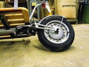 A Lambretta front hub has been utilised for the trailer, along with Lambretta engine mounts and the suspension from a moped, modified with pre-load.