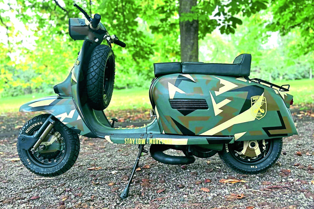 Custom Lambretta with digital camouflage and RB small-block engine built by Maddin Zellar
